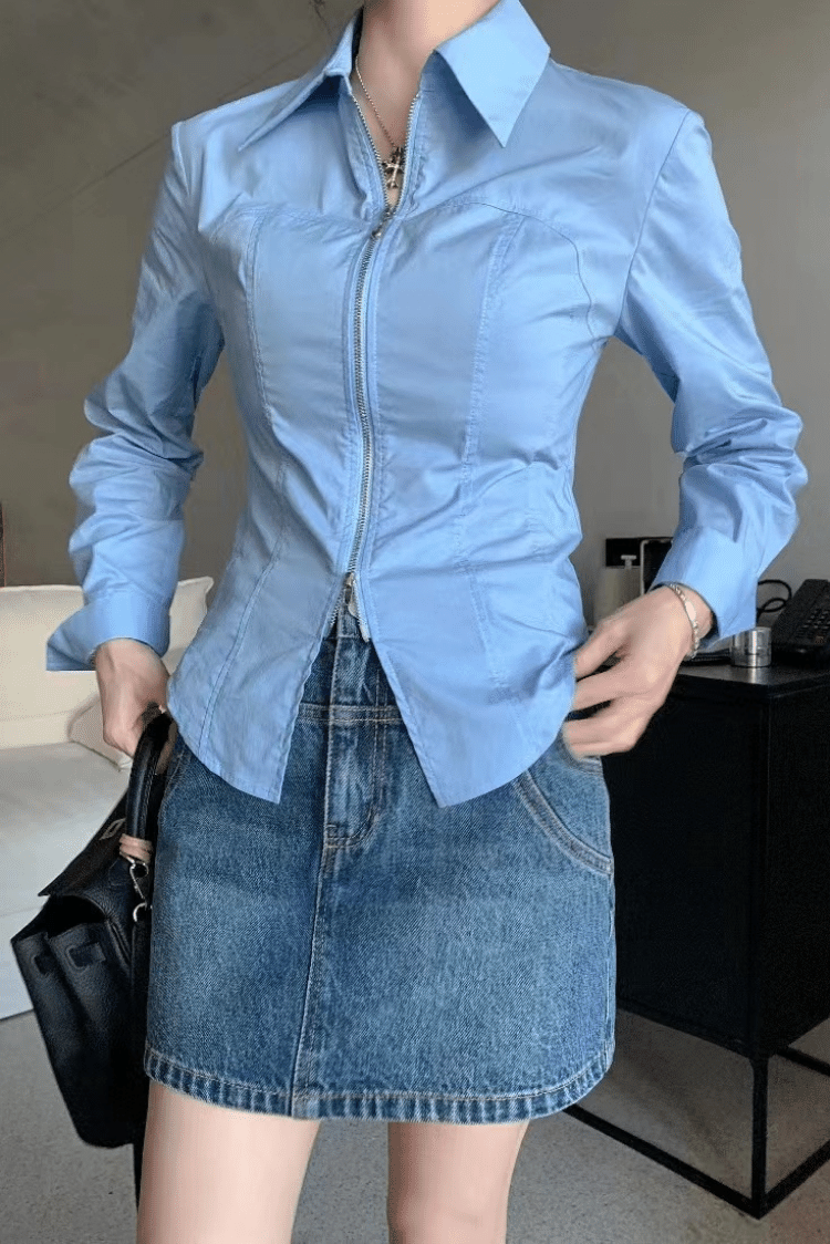 輕奢V領拉鏈顯瘦襯衫