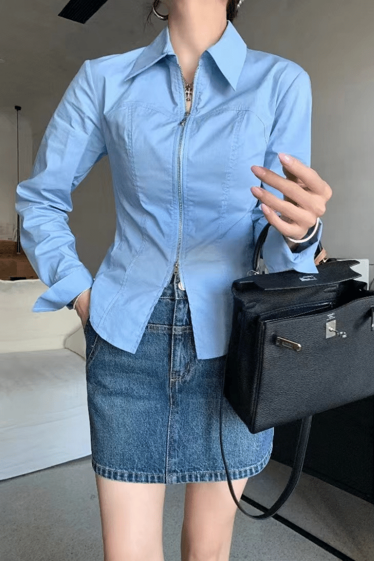 輕奢V領拉鏈顯瘦襯衫
