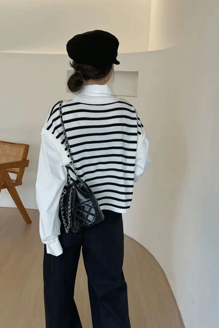 歐風條紋細羊毛拼接襯衫