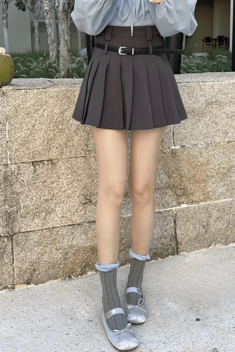 雙腰帶設計感百褶裙