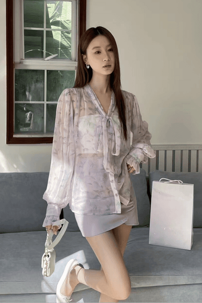 法式碎花透膚襯衫